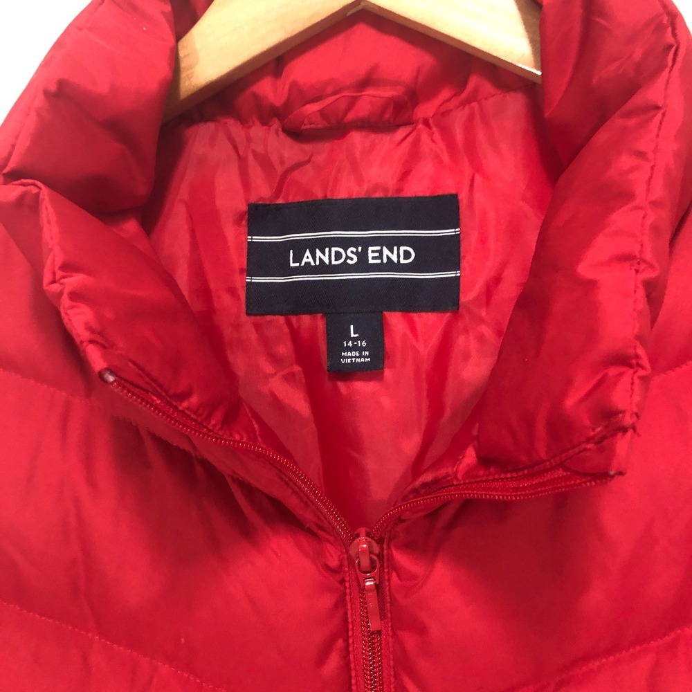 Lands' End Mens Red Down Puffer Vest Chevron Quilted Full Zip Size L 14-16 - Picture 4 of 8